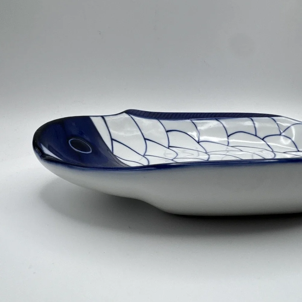 Vintage 90s Dansk Arabesque Fish Bowl Serving Platter Plate Blue & White